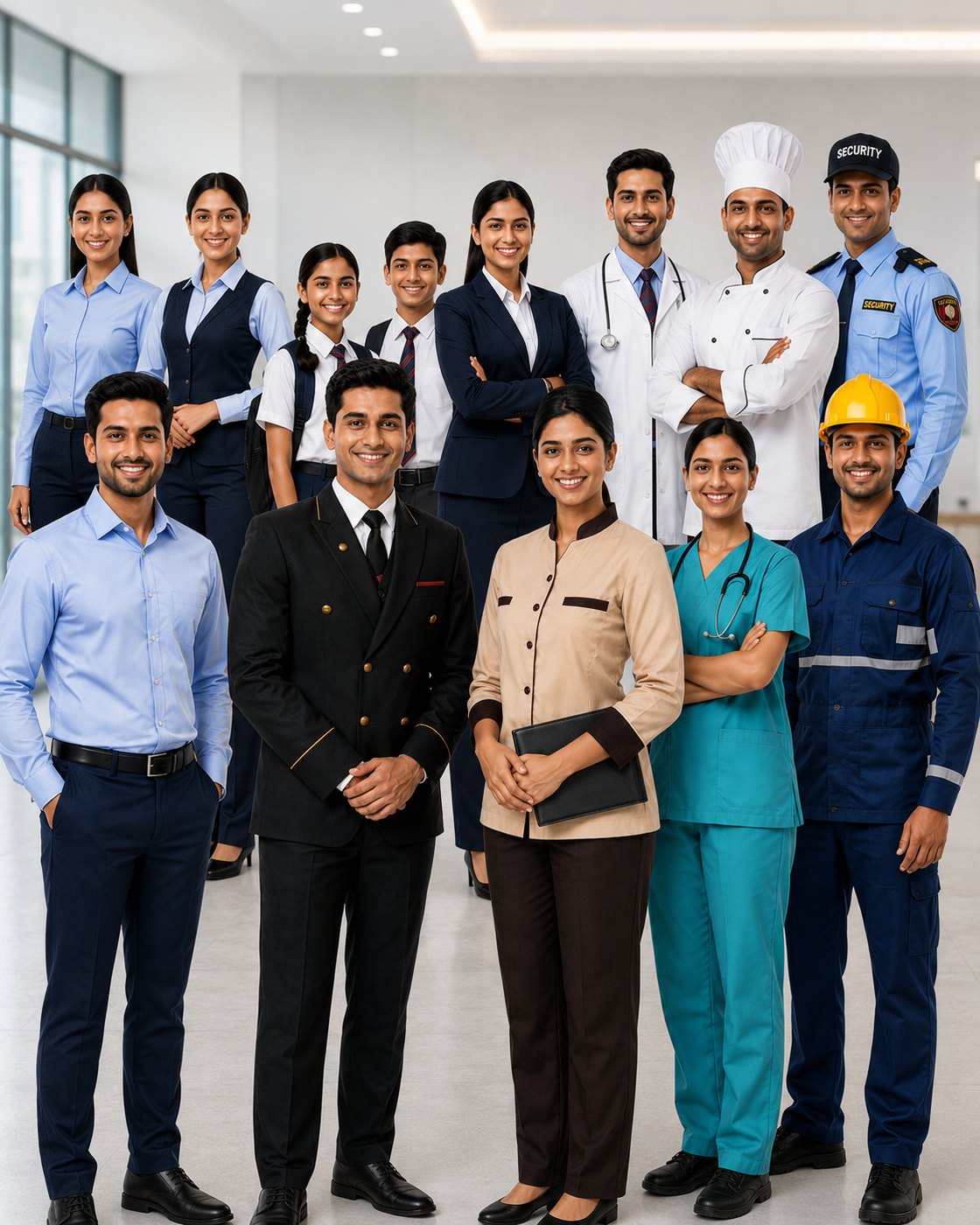 Professionals across industries in custom-stitched uniforms